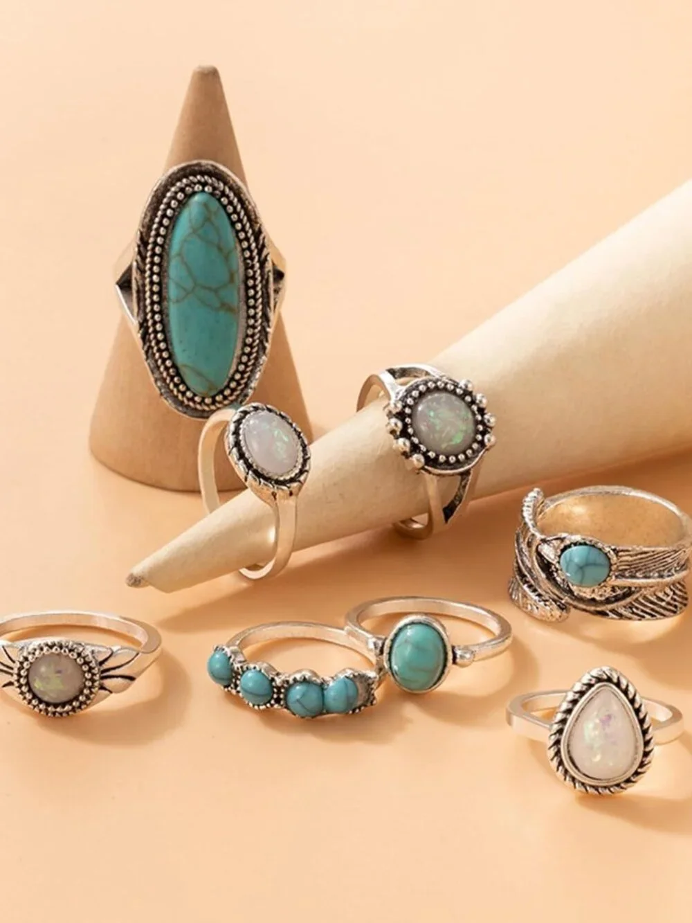 Turquoise Ring Set for Women Western Jewelry Silver Statement Vintage Rings Stac - Picture 4 of 7